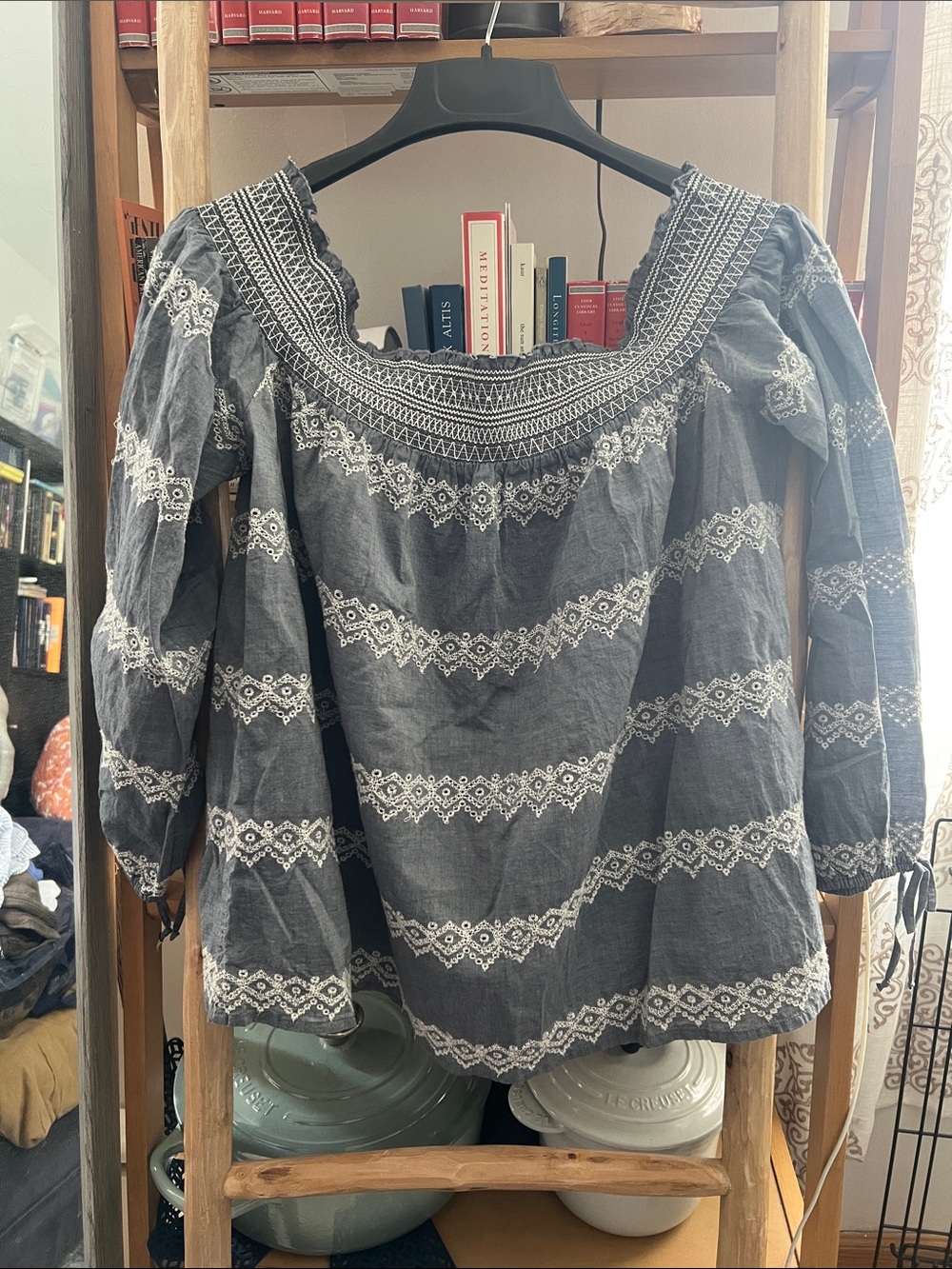 Abercrombie & Fitch Chambray Embroidered Off The Shoulder Top